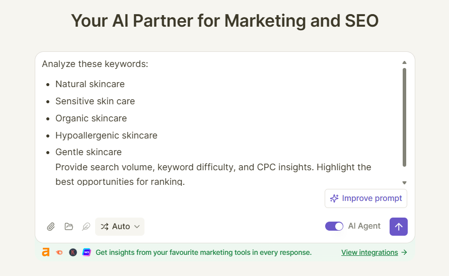 Chatsonic is an AI agent that helps analyze keyword data at scale.
