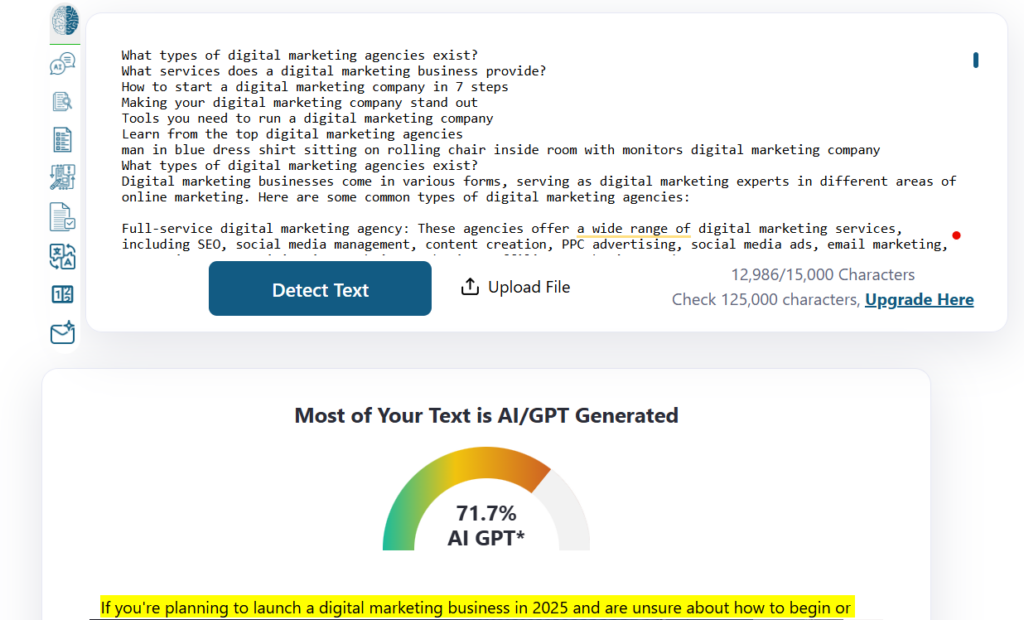 AI content detector shows the top ranking result as AI-generated.