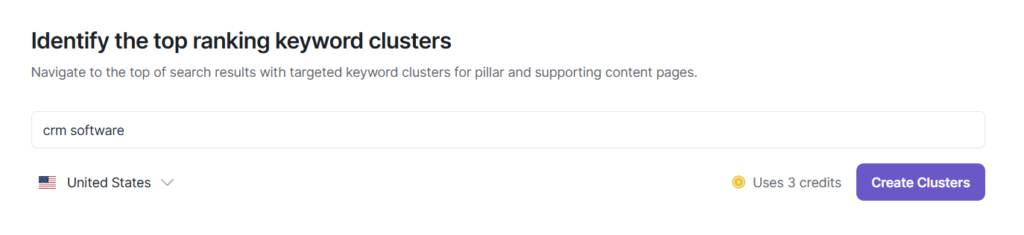 Insert the seed keyword in Writesonic's Topic Cluster tool.