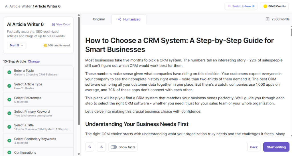 The AI Article Writer 6 gives well-optimized long-form articles in as less as five minutes.