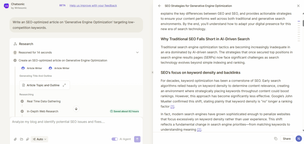 You get a well-researched, SEO-optimized article within 10 minutes using the SEO AI Agent.