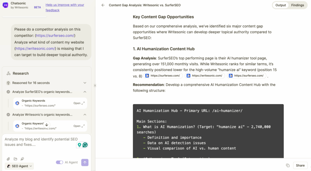 SEO competitive analysis for photographers using Writesonic SEO AI agent