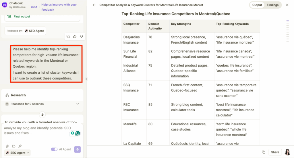 Identifying SEO competitors for insurance agents using Writesonic