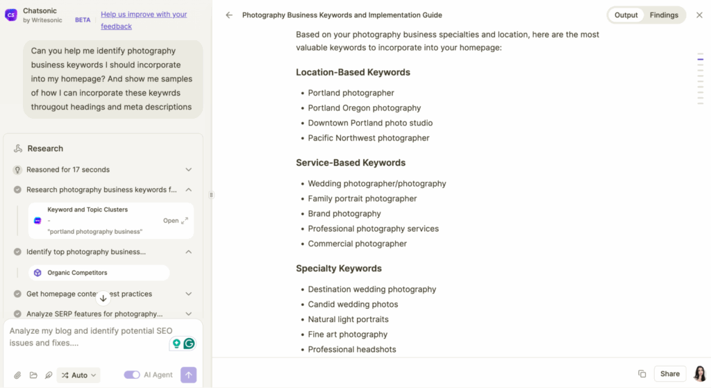 Identifying keywords for SEO for photography using Chatsonic