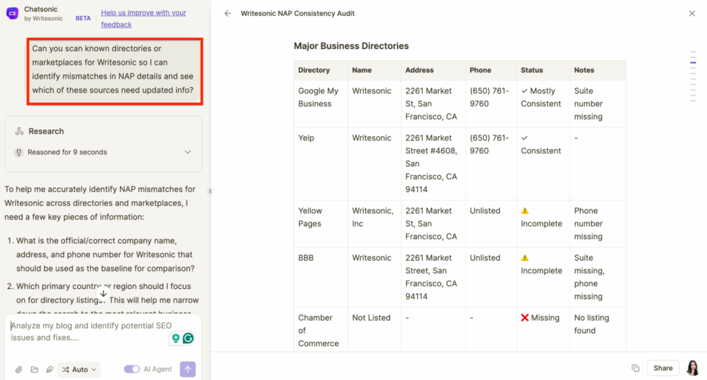 Local SEO audit - Reviewing citations online using Writesonic AI agent