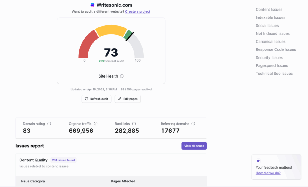 Writesonic site audit tool