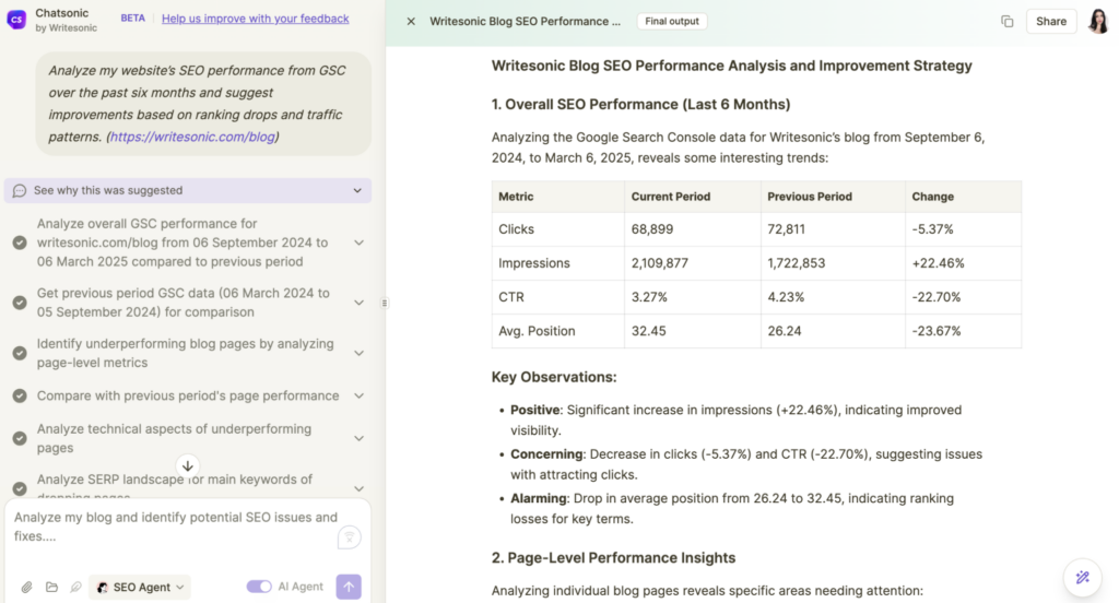 Creating SEO reports using Writesonic SEO AI Agent