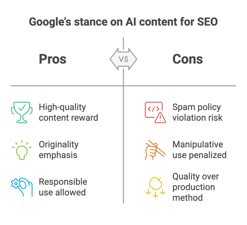 AI SEO pros and cons as per Google guidelines