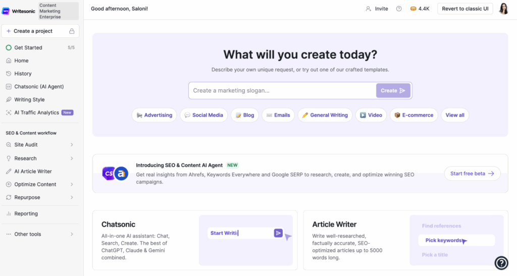 Writesonic dashboard
