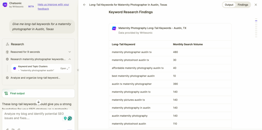 identifying local SEO keywords for photographers using Writesonic