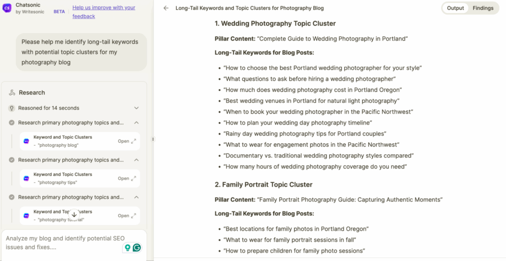 identifying long-tail keywords for photography using Writesonic
