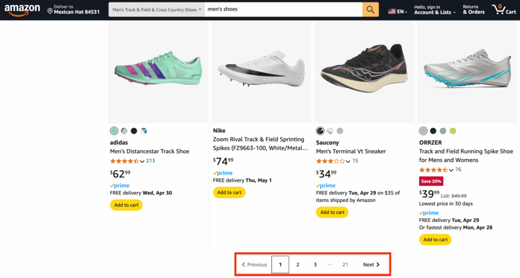 What pagination looks like on Amazon's website