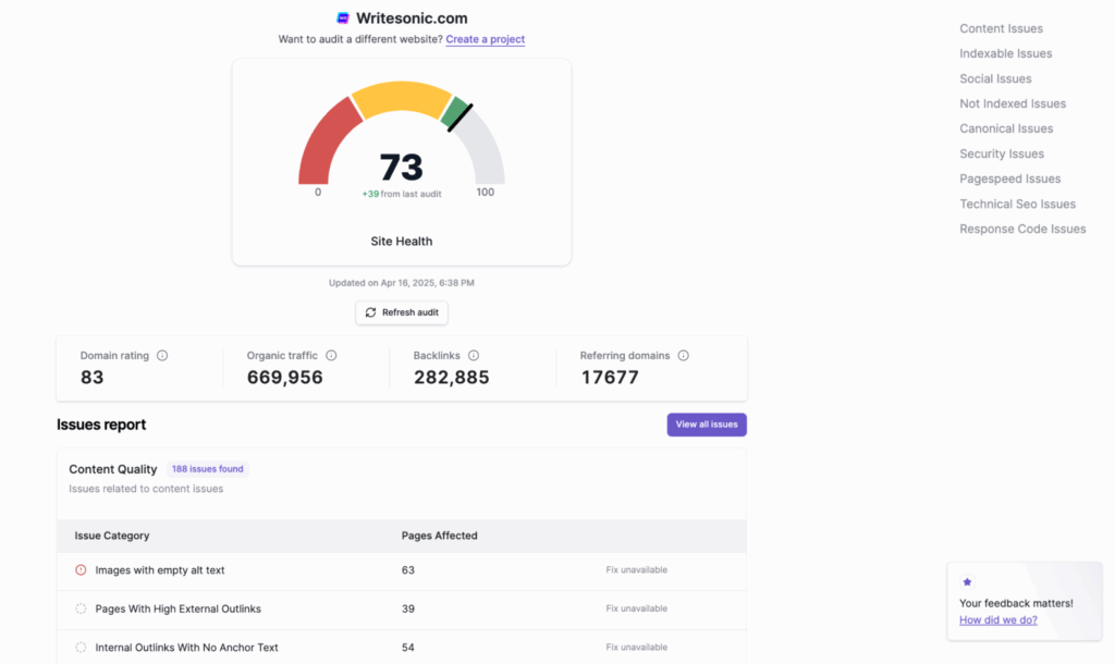 SEO site audit using Writesonic