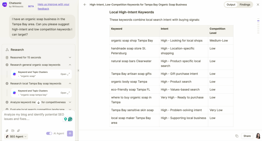Local keyword research using Writesonic